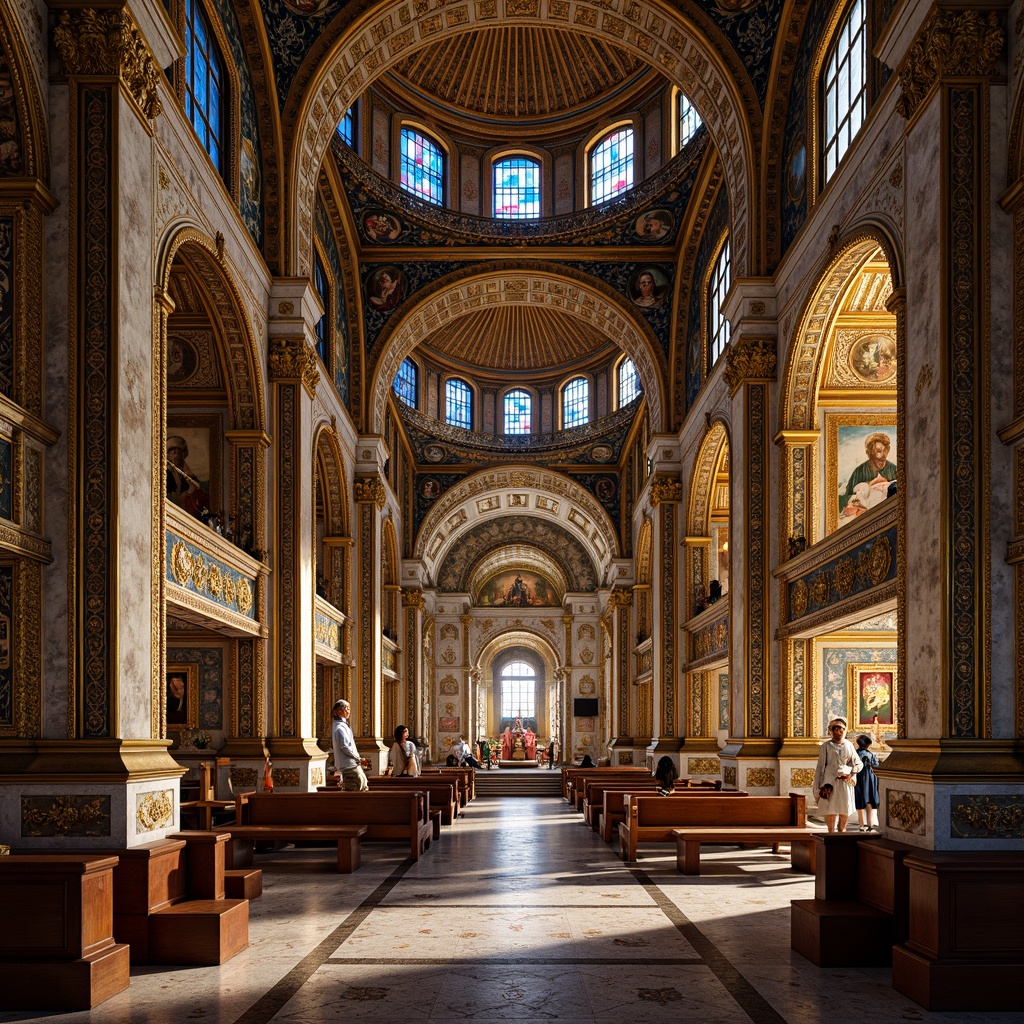 Prompt: Intricate Byzantine mosaics, vibrant stained glass windows, ornate golden domes, richly decorated Orthodox churches, majestic arches, elaborate stone carvings, colorful frescoes, luminous vaulted ceilings, mystical iconography, intricate geometric patterns, warm soft lighting, 1/2 composition, atmospheric perspective, highly detailed textures, subtle ambient occlusion.