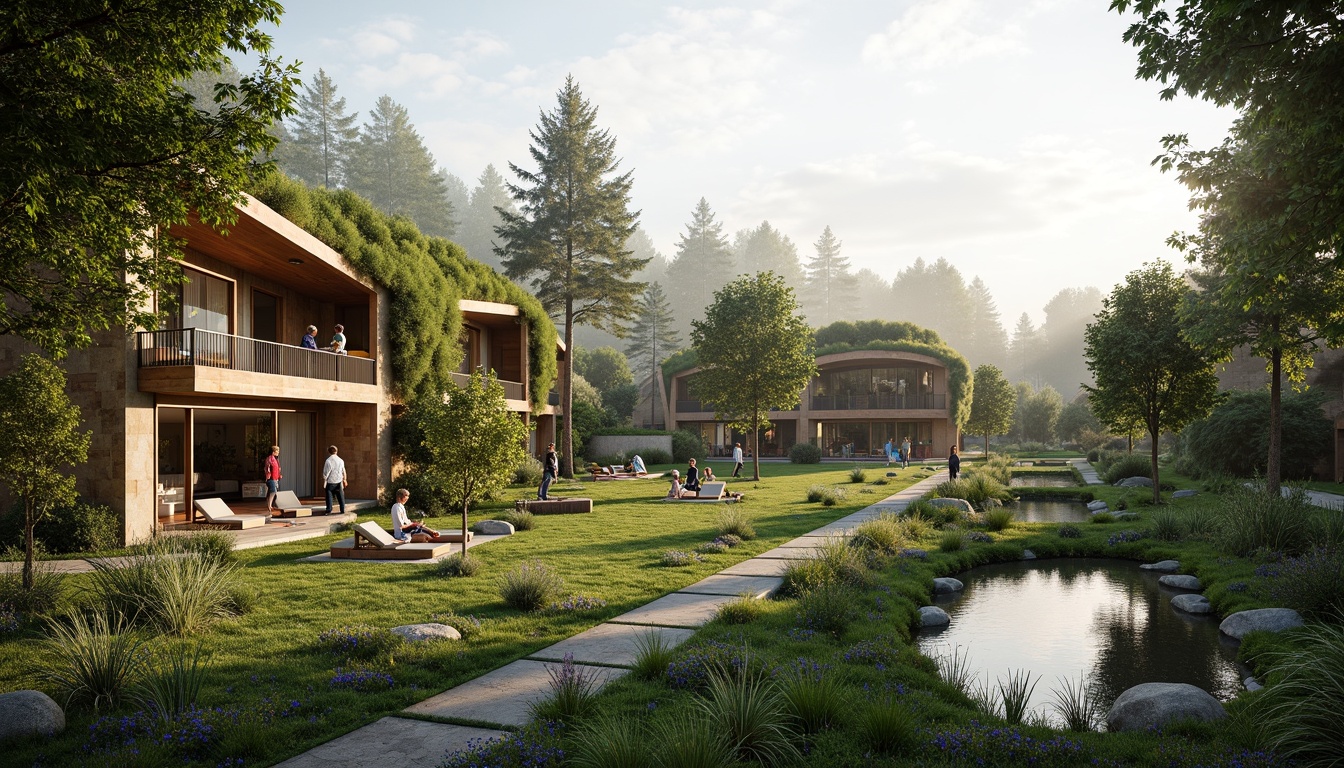 Prompt: Eco-friendly buildings, organic shapes, green roofs, living walls, natural stone facades, reclaimed wood accents, floor-to-ceiling windows, seamless indoor-outdoor transitions, serene forest surroundings, meandering walking paths, tranquil ponds, lush vegetation, vibrant wildflowers, soft misty atmosphere, warm sunlight filtering through trees, 1/1 composition, symmetrical framing, realistic textures, ambient occlusion.