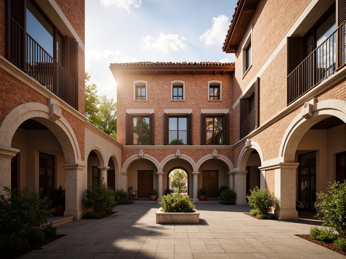 Prompt: Renaissance-style student halls, ornate facades, intricately carved stonework, grand entrance archways, rustic brick walls, terra cotta rooftops, decorative cornices, classical columns, ornamental balconies, Juliette balconies, wooden shutters, stained glass windows, warm golden lighting, soft afternoon sun, shallow depth of field, 2/3 composition, symmetrical framing, realistic textures, ambient occlusion.