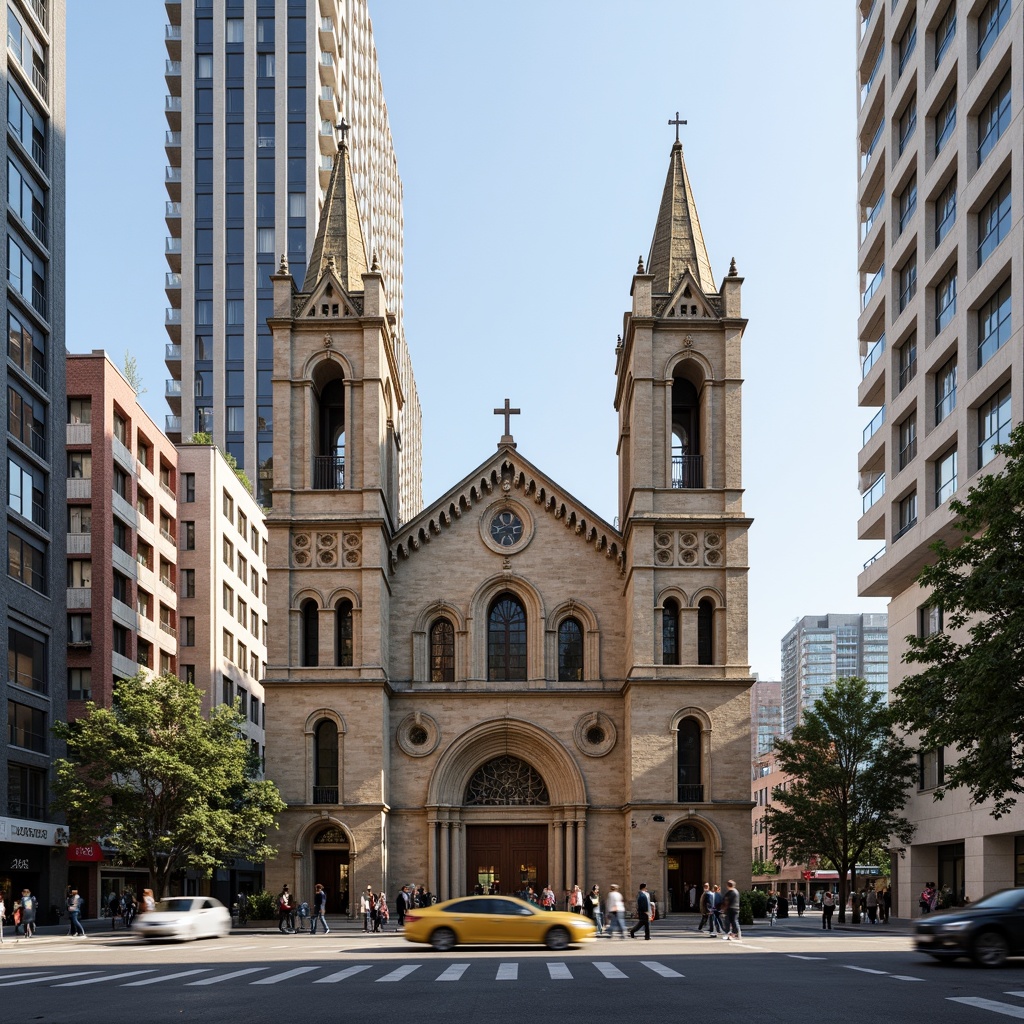 Prompt: Historic church fa\u00e7ade, intricate stone carvings, grandiose entrance doors, stained glass windows, ornate bell towers, urban cityscape, bustling streets, modern skyscrapers, brutalist concrete buildings, geometric patterns, minimalist architecture, clean lines, functional design, community gathering spaces, natural light illumination, dramatic shadows, 1/2 composition, low-angle shot, realistic textures, ambient occlusion.