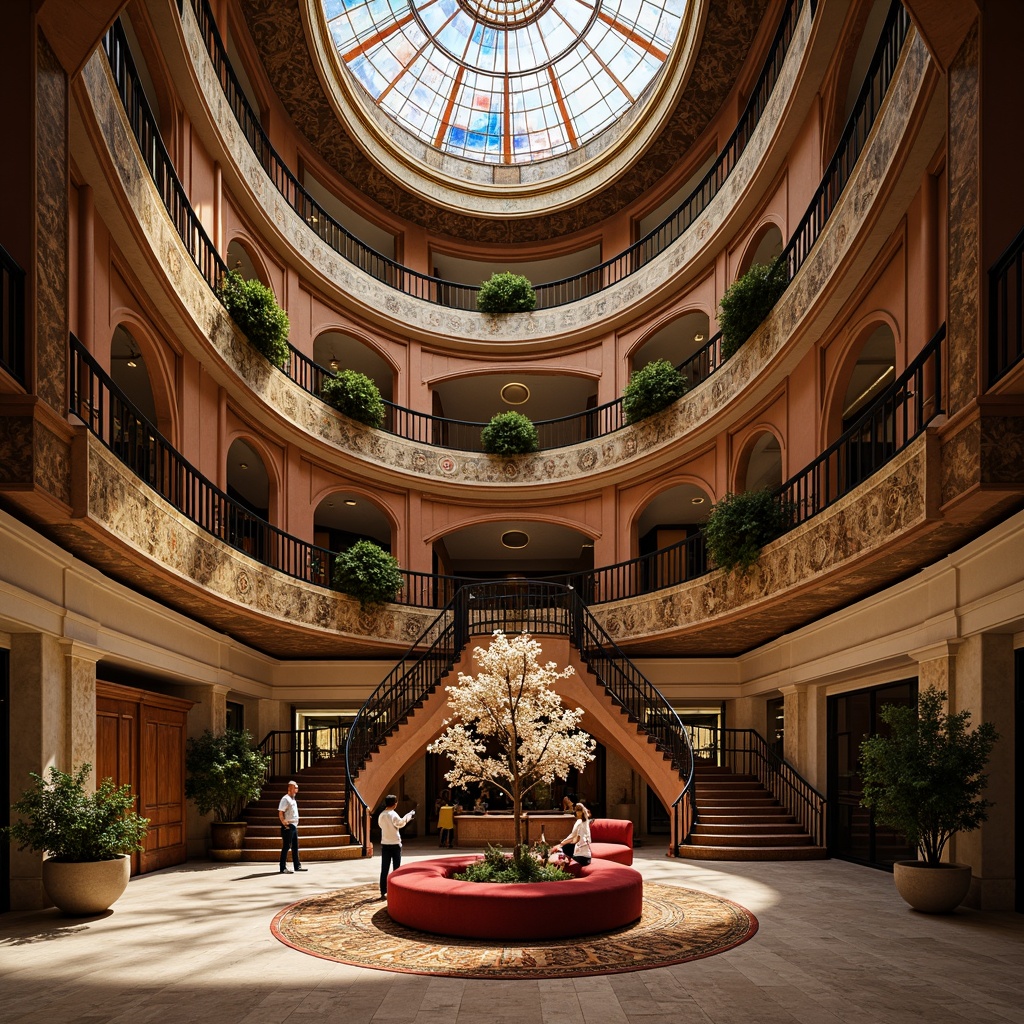 Prompt: Opulent hotel lobby, grand staircase, ornate metalwork, flowing organic lines, sinuous curves, lavish furnishings, velvet drapes, intricate mosaics, stained glass ceilings, delicate filigree, gilded accents, marble floors, ornamental moldings, soft warm lighting, shallow depth of field, 3/4 composition, panoramic view, realistic textures, ambient occlusion.