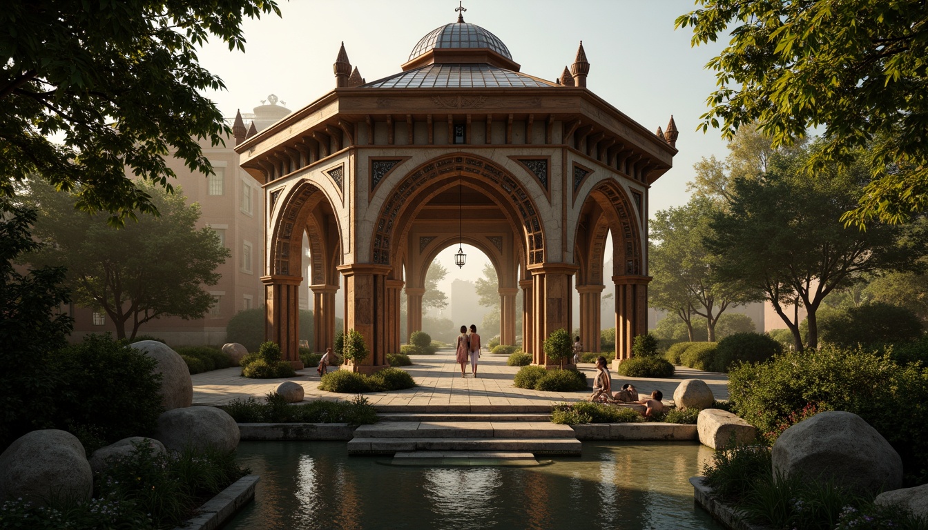 Prompt: \Intricate pavilion, Gothic architecture, ornate stone carvings, grandiose arches, ribbed vaults, stained glass windows, mystical ambiance, warm golden lighting, dramatic shadows, rustic wooden accents, lush greenery surroundings, serene water features, soft misty atmosphere, 1/2 composition, symmetrical framing, high-angle shot, cinematic mood, realistic textures, advanced roof design, futuristic materials, energy-efficient systems, sustainable building practices.\