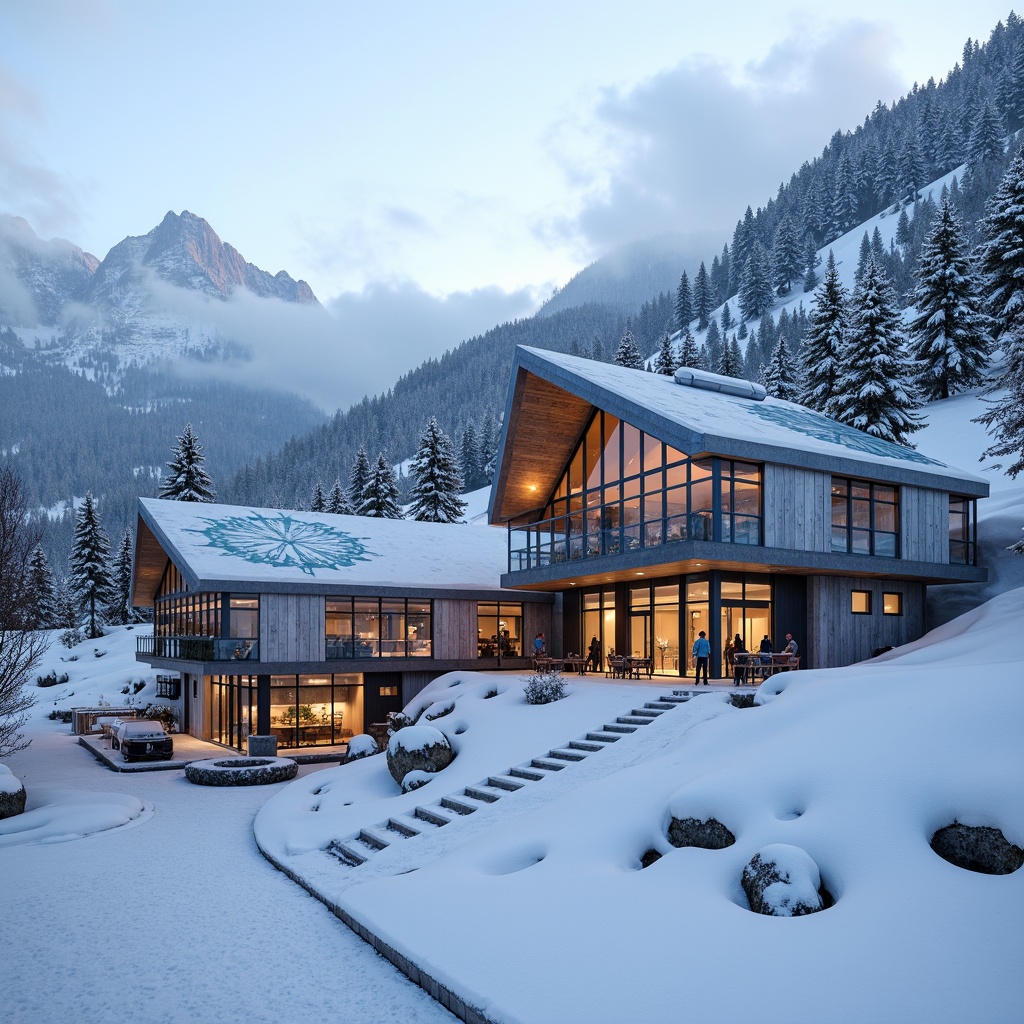 Prompt: Snow-capped mountain peaks, frosty winter air, sleek modern ski center, angular facade design, metallic materials, mirrored glass surfaces, icy blue accents, snowflake-inspired patterns, wooden textures, rustic charm, cozy atmosphere, warm lighting, foggy mornings, misty landscapes, Nordic-inspired architecture, asymmetrical compositions, dramatic cantilevers, panoramic views, realistic renderings, ambient occlusion.