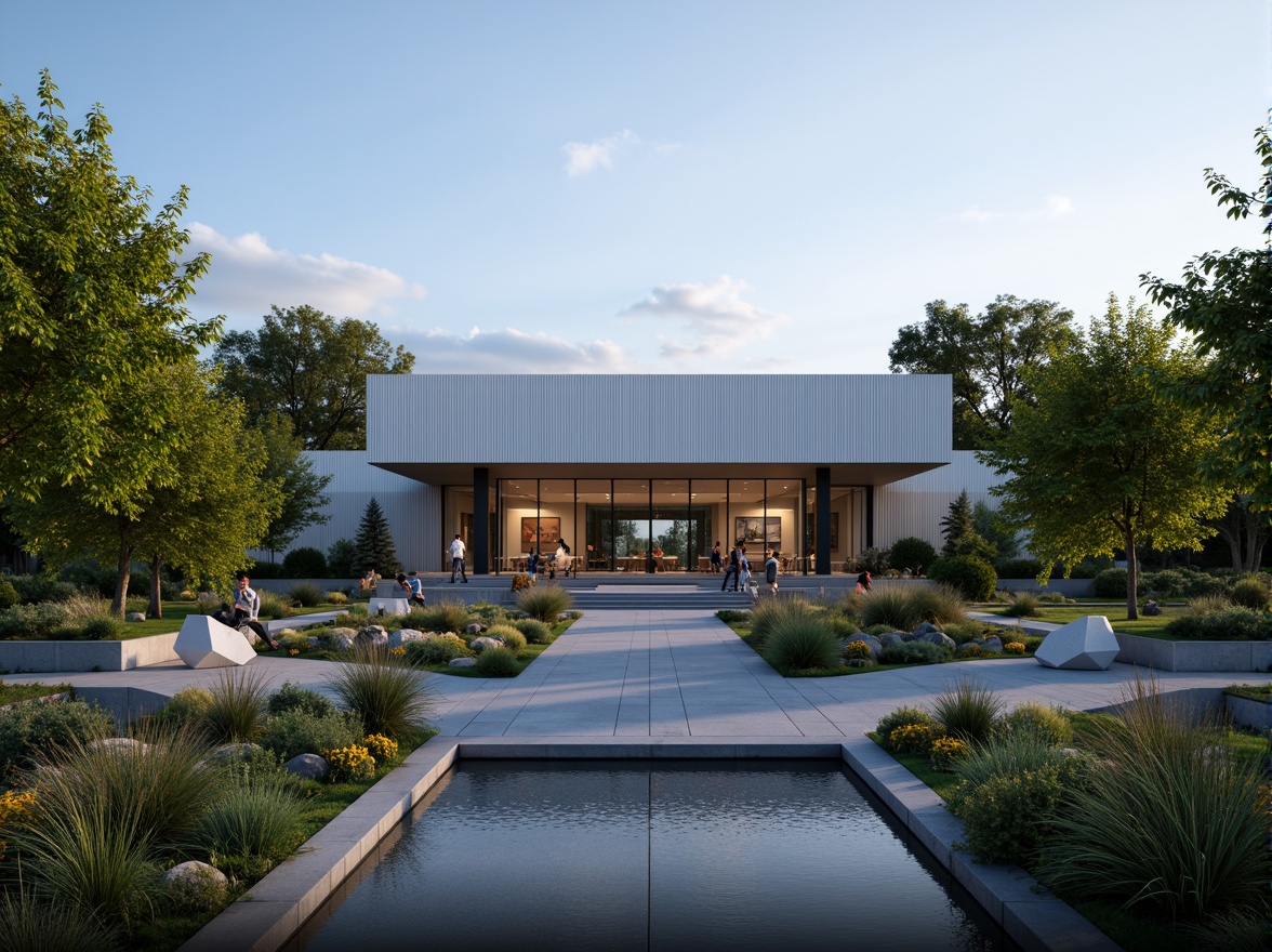 Prompt: Modern museum building, streamline moderne style, sleek metal fa\u00e7ade, large glass windows, minimalist entrance, water feature, rectangular pond, surrounding walking path, lush greenery, native plants, ornamental grasses, vibrant flowering trees, modern outdoor furniture, geometric-shaped planters, subtle lighting, evening ambiance, soft shadows, 1/2 composition, shallow depth of field, realistic textures, ambient occlusion.