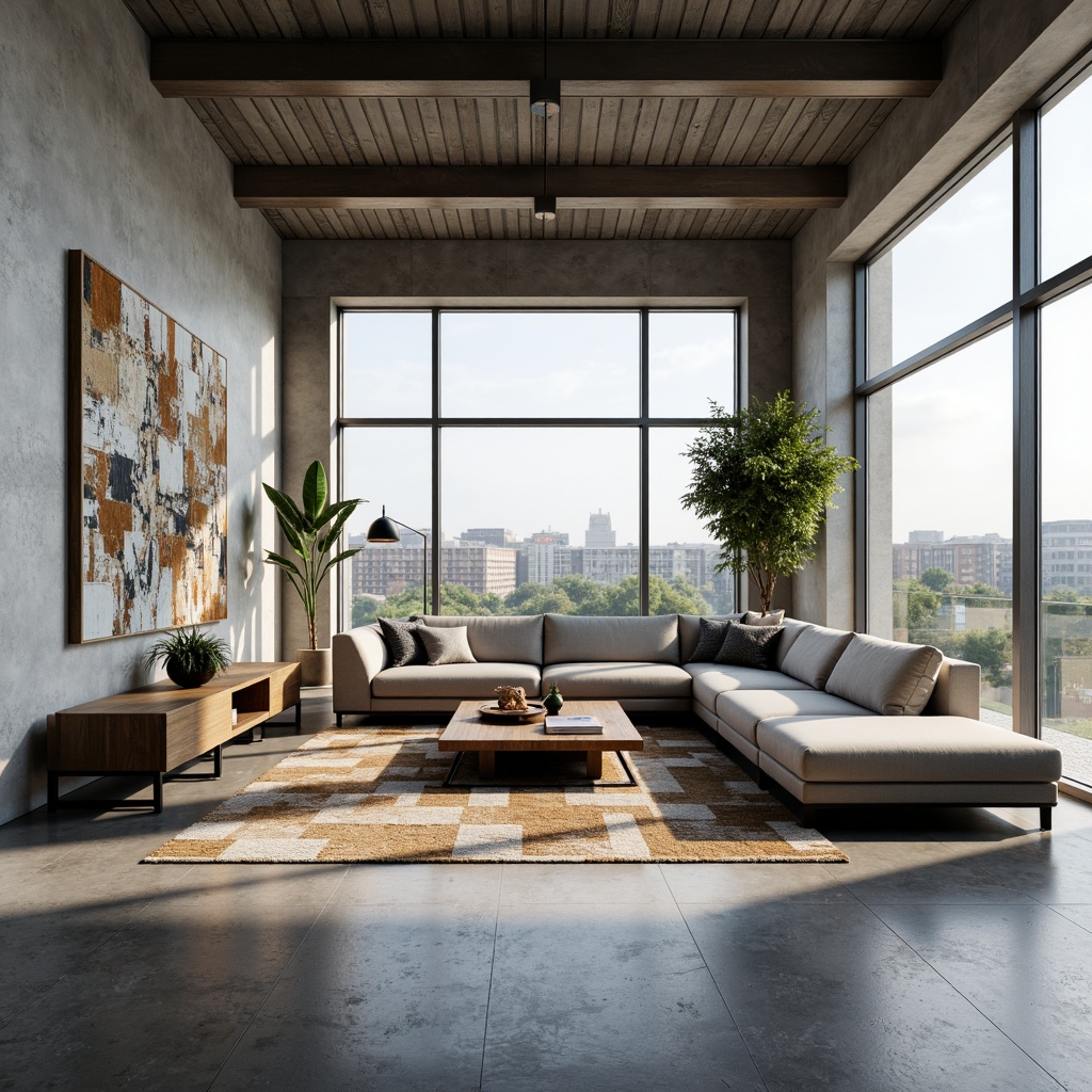 Prompt: Minimalist living room, sleek low-profile furniture, polished concrete floors, industrial-chic metal accents, floor-to-ceiling windows, natural light pouring in, urban loft vibe, geometric patterned rugs, plush sectional sofas, modern abstract artwork, LED ambient lighting, 3/4 composition, shallow depth of field, realistic textures, atmospheric occlusion.