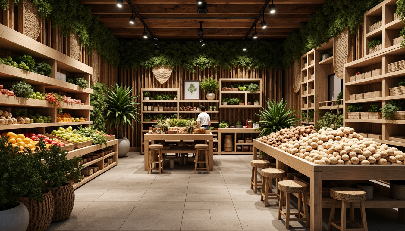 Prompt: Earthy tone grocery store, reclaimed wood shelves, living green walls, natural stone flooring, bamboo accents, rattan baskets, woven fiber textiles, organic produce displays, rustic wooden crates, earthy color palette, soft warm lighting, shallow depth of field, 3/4 composition, panoramic view, realistic textures, ambient occlusion.