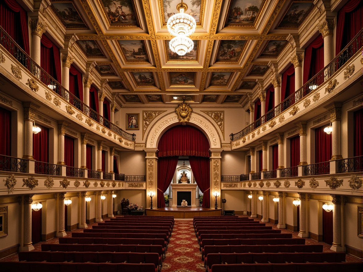 Prompt: Ornate opera house facade, grand entrance archways, intricately carved stonework, Baroque-inspired ornamental details, sweeping curved lines, dramatic columns, grand balconies, lavish chandeliers, opulent furnishings, rich velvet curtains, intricate fresco ceilings, ornate gold leafing, soft warm lighting, shallow depth of field, 1/1 composition, panoramic view, realistic textures, ambient occlusion.