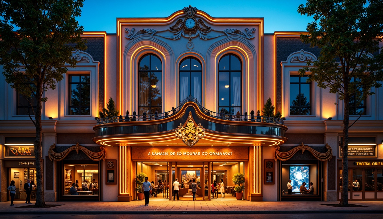 Prompt: Vibrant theater facade, eclectic architecture, ornate decorations, grand entrance, sweeping curves, intricate moldings, rich jewel-toned colors, luxurious materials, metallic accents, LED lighting installations, dynamic visual effects, opulent textures, dramatic shadows, warm golden spotlights, 1/1 composition, low-angle shot, cinematic atmosphere, realistic reflections, ambient occlusion.