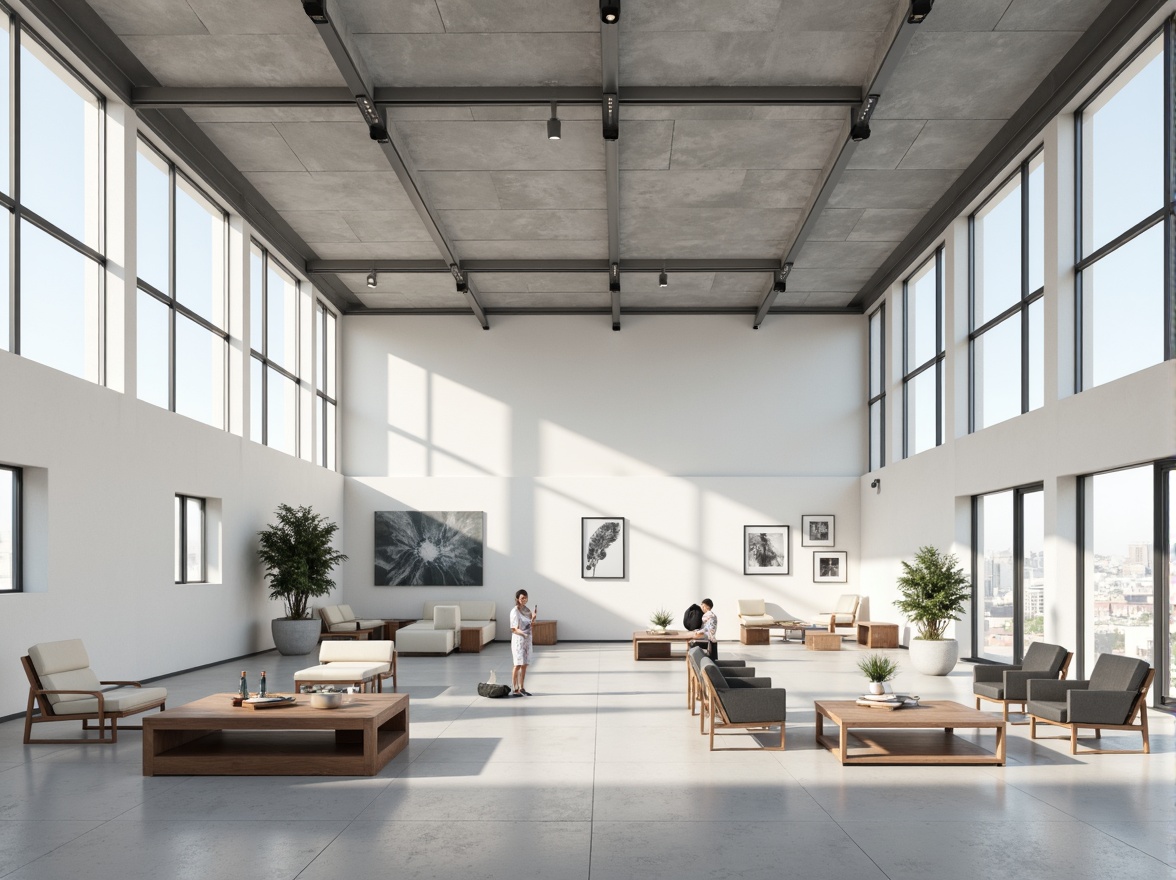 Prompt: Simple white walls, industrial metal frames, functional furniture, monochromatic color scheme, rectangular shapes, clean lines, minimal ornaments, abundant natural light, open floor plans, geometric patterns, bold typography, primary color accents, functional simplicity, urban cityscape, modernist architecture, brutalist concrete structures, abstract artistic expressions, dramatic shadow play, high contrast lighting, 1/1 composition, realistic renderings.