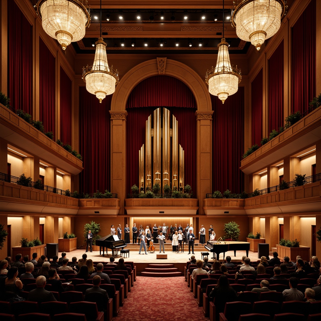 Prompt: Intimate concert hall, rich wood tones, velvet curtains, ornate chandeliers, premium sound systems, acoustic panels, precision-crafted instruments, grand pianos, comfortable seating, warm ambient lighting, shallow stage, 3/4 composition, soft focus, realistic textures, subtle shadows, luxurious carpets, elegant balconies, sophisticated architecture, refined details, cultured audience, evening performance, dramatic spotlights.