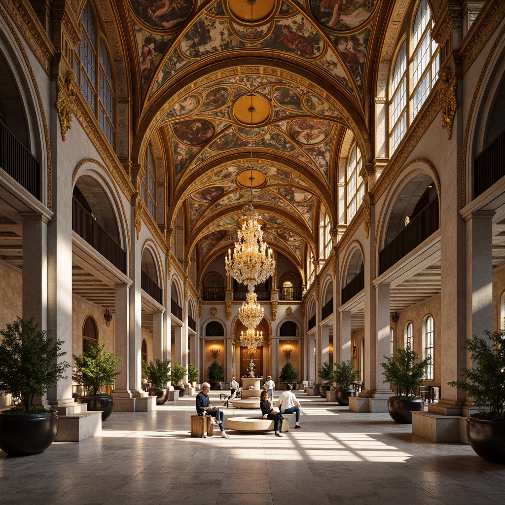 Prompt: Grand Byzantine cathedral, open floor plan, high vaulted ceilings, ornate golden mosaics, grandiose chandeliers, sweeping arches, majestic pillars, natural stone flooring, intricate frescoes, soft warm lighting, shallow depth of field, 3/4 composition, panoramic view, realistic textures, ambient occlusion, airy atmosphere, improved visibility, enhanced social interaction, flexible furniture arrangement, minimal spatial division.