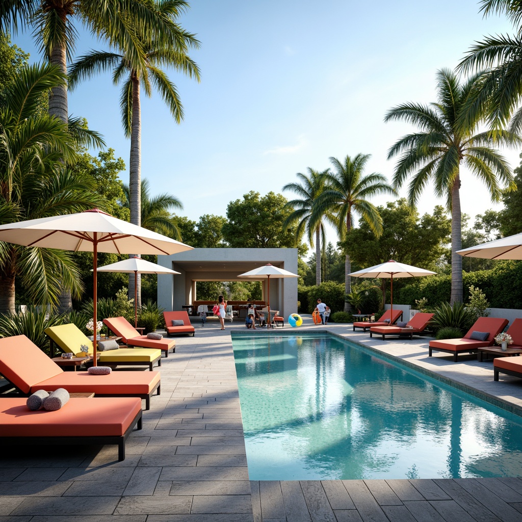 Prompt: Vibrant poolside atmosphere, luxurious outdoor furniture, plush cushions, colorful umbrellas, tropical palm trees, crystal-clear water, sunny day, warm breeze, natural stone paving, wooden deck, modern minimalist design, comfortable lounge chairs, refreshing cocktails, pool floats, beach balls, water features, soft lighting, 1/1 composition, realistic textures, ambient occlusion.