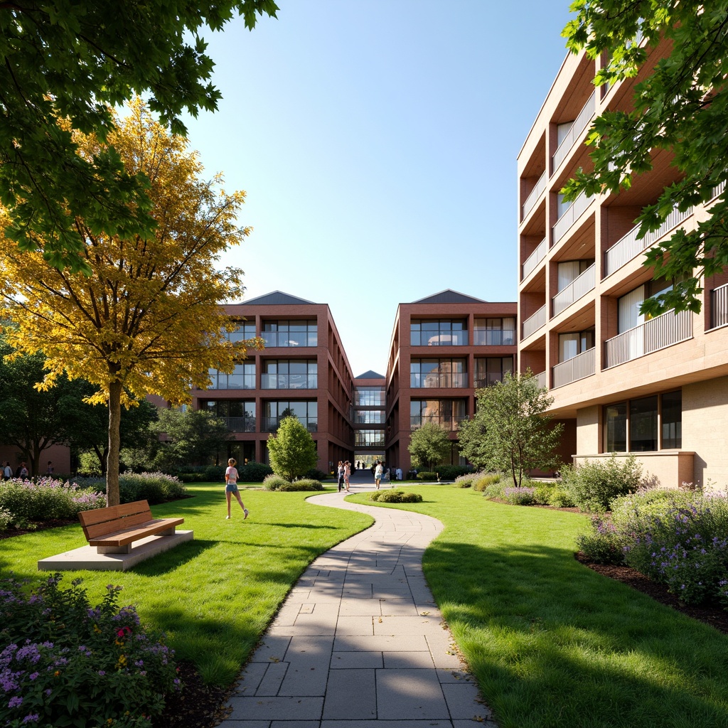 Prompt: Vibrant university campus, lush green lawns, blooming flowerbeds, meandering stone pathways, wooden benches, educational signage, modern architecture, large windows, glass doors, sunny day, soft warm lighting, shallow depth of field, 3/4 composition, panoramic view, realistic textures, ambient occlusion.