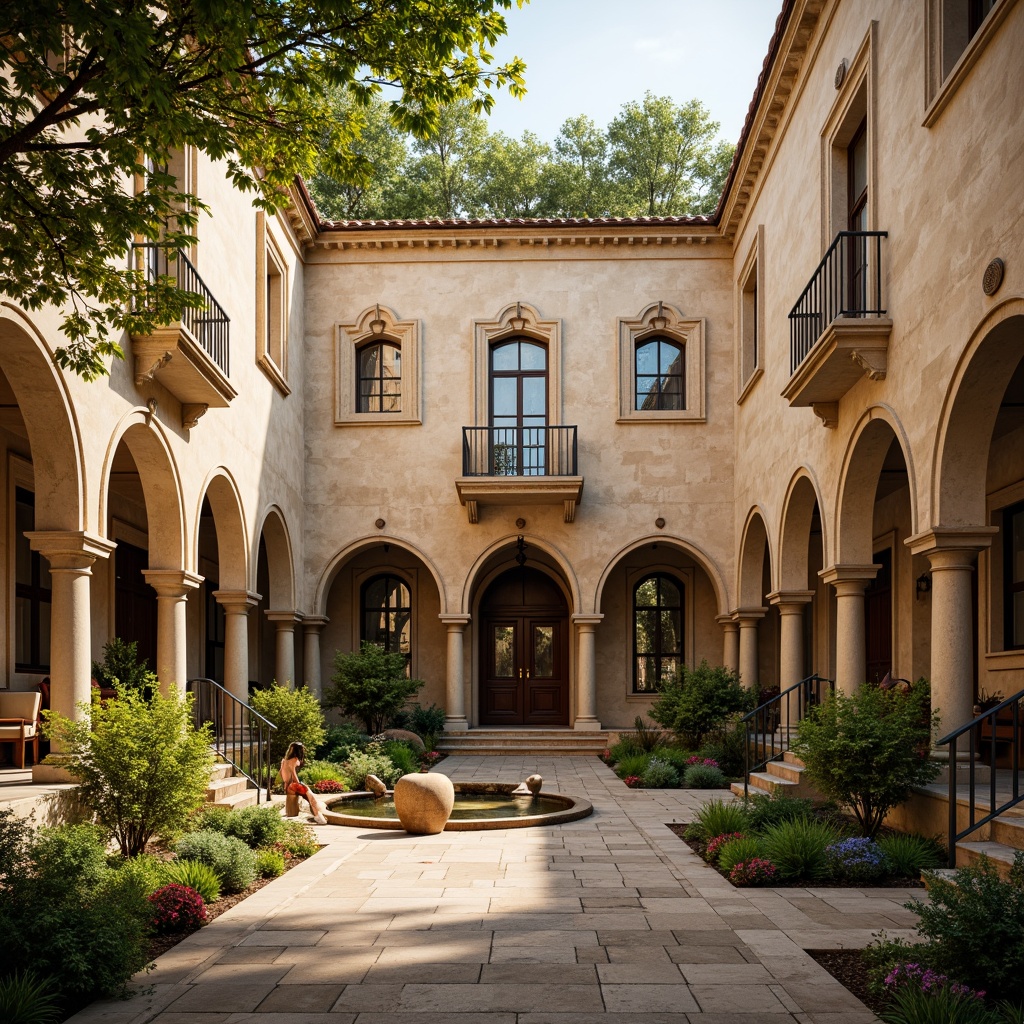 Prompt: Serenely rustic monastery, earthy tone color palette, warm beige stone walls, soft cream-colored stucco, weathered wooden accents, elegant arches, subtle ornate details, natural light pouring through stained glass windows, peaceful courtyard with lush greenery, vibrant flowers, tranquil water features, serene ambiance, soft warm lighting, shallow depth of field, 3/4 composition, panoramic view, realistic textures, ambient occlusion.