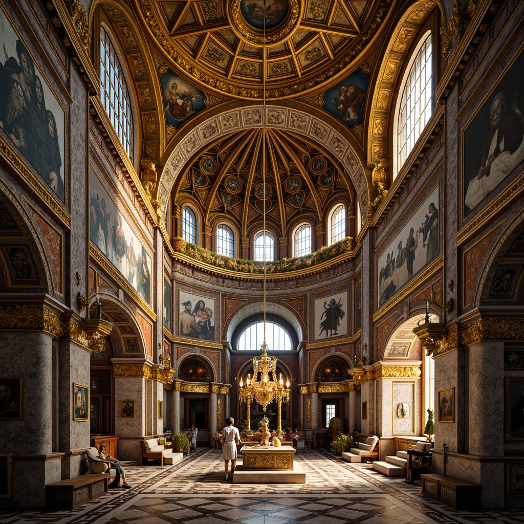 Prompt: Majestic Byzantine church, golden domes, intricate mosaics, ornate stone carvings, grand archways, ornamental columns, richly patterned textiles, vibrant frescoes, lavish decorations, marble floors, intricate icons, gilded accents, ornate chandeliers, soft warm lighting, shallow depth of field, 1/2 composition, realistic textures, ambient occlusion.