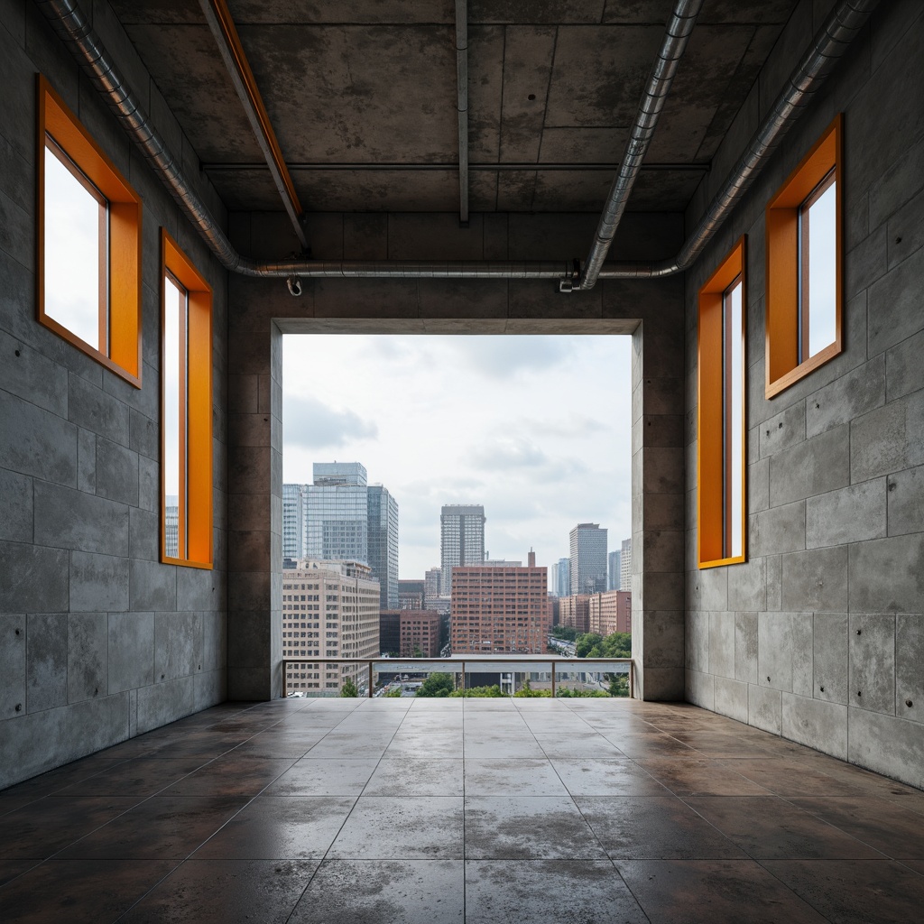 Prompt: Exposed concrete walls, steel beams, industrial pipes, minimalist windows, rectangular forms, primary color accents, functional aesthetics, urban cityscape, cloudy day, dramatic shadows, high contrast lighting, 1/1 composition, symmetrical balance, brutalist textures, ambient occlusion, raw metal surfaces, polished wood floors, geometric patterns, bold typography, sans-serif fonts, functional simplicity.