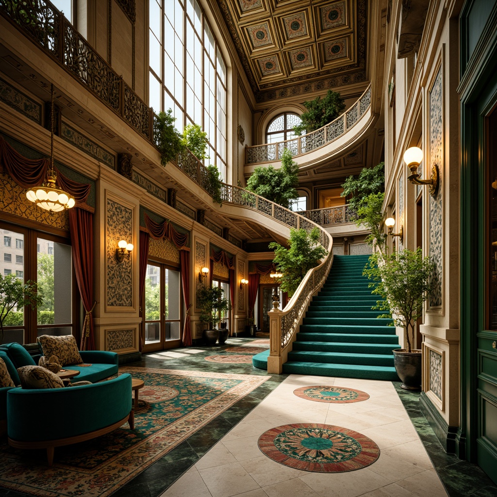 Prompt: Opulent Art Nouveau hotel lobby, grand staircase, ornate metalwork, flowing curves, sinuous lines, vibrant emerald green accents, rich turquoise hues, warm golden lighting, intricate mosaics, luxurious velvet fabrics, polished marble floors, ornamental plaster ceilings, lavish furnishings, elegant chandeliers, whimsical botanical patterns, nature-inspired motifs, soft focus, shallow depth of field, 1/2 composition, realistic textures, ambient occlusion.