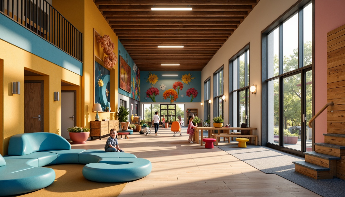 Prompt: Vibrant playground, colorful walls, textured surfaces, soft padded floors, playful murals, whimsical sculptures, curly slide tubes, winding staircases, cozy reading nooks, interactive exhibits, educational displays, natural wood accents, bright overhead lighting, warm ambient glow, shallow depth of field, 1/1 composition, realistic textures, ambient occlusion.