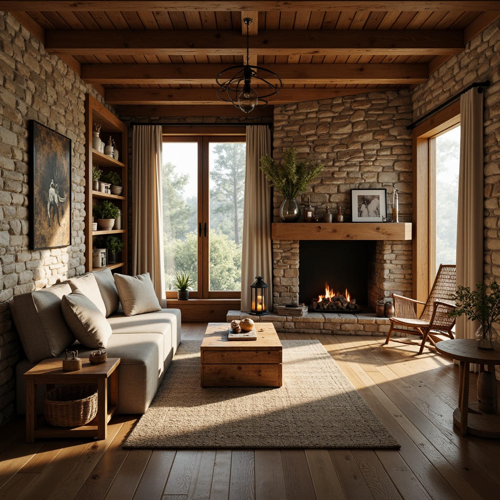 Prompt: Earthy cabin, natural stone walls, wooden accents, warm beige tones, soft cream colors, rich brown furniture, plush textiles, woven baskets, vintage decor, rustic metal lanterns, cozy fireplaces, serene forest surroundings, misty morning light, shallow depth of field, 1/1 composition, intimate atmosphere, realistic wood textures, ambient occlusion.