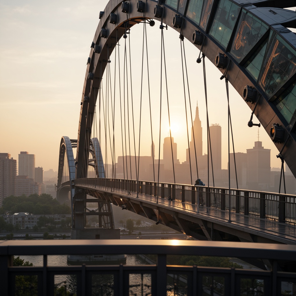 Prompt: Curved bridge silhouette, futuristic cable-stayed design, sleek metal railings, LED lighting strips, urban cityscape, misty morning atmosphere, warm golden hour light, shallow depth of field, 3/4 composition, panoramic view, realistic textures, ambient occlusion, modernist architectural style, cantilevered sections, dynamic shapes, innovative materials, parametric design, algorithmic patterns, iridescent glass panels, neon-lit accents, stainless steel cladding, abstract geometric forms.