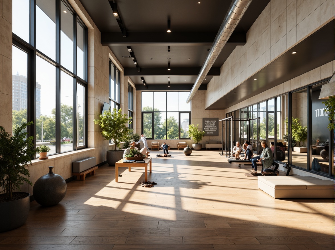 Prompt: Modern fitness club interior, high ceilings, expansive windows, natural light flooding, minimalist decor, sleek equipment, polished wood floors, mirrored walls, motivational quotes, inspirational artwork, calm color palette, soft warm lighting, shallow depth of field, 1/1 composition, realistic textures, ambient occlusion.