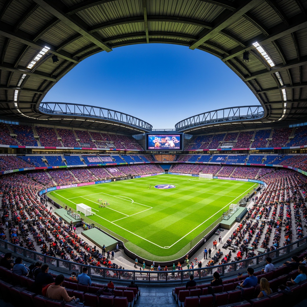 Prompt: Soccer stadium interior, modern curved lines, sleek metal beams, vibrant team colors, spacious concourses, elevated seating areas, premium VIP lounges, interactive sports exhibits, dynamic LED lighting, polished concrete floors, acoustic soundproofing, open-plan concession stands, tiered spectator seating, clear glass railings, unobstructed views, optimized crowd flow, 1/2 composition, dramatic spotlighting, realistic textures, ambient occlusion.