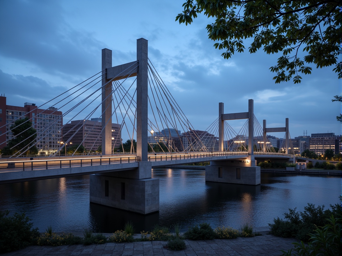 Prompt: Sleek bridge design, modernist architecture, steel beams, cable-stayed systems, suspension towers, geometric shapes, minimalist aesthetic, functional simplicity, urban landscape, riverbank setting, concrete piers, metallic railings, LED lighting, evening ambiance, dramatic shadows, high contrast, shallow depth of field, 2/3 composition, dynamic angles, abstract textures, subtle reflections.