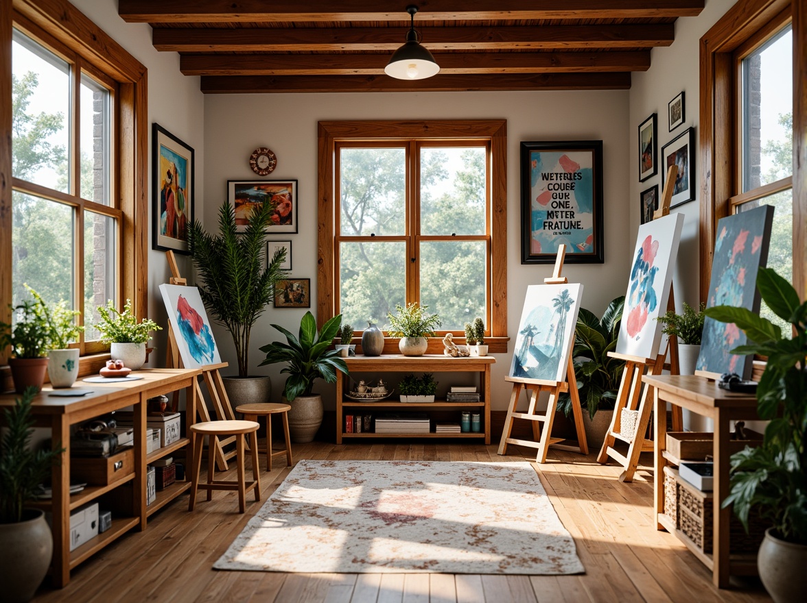 Prompt: Vibrant modern art studio, eclectic color palette, bold brushstrokes, abstract paintings, wooden easels, artistic supplies, inspirational quotes, natural wood floors, large windows, soft warm lighting, cozy atmosphere, 3/4 composition, shallow depth of field, realistic textures, ambient occlusion.