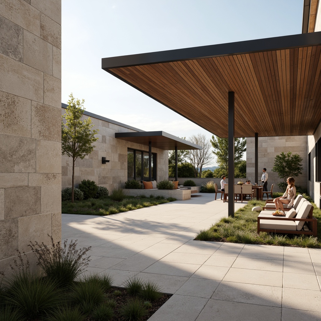 Prompt: Monochromatic color scheme, muted earth tones, natural stone walls, wooden accents, subtle texture variations, minimalist modern architecture, sleek glass facades, cantilevered roofs, open floor plans, abundant natural light, soft warm ambiance, shallow depth of field, 3/4 composition, realistic renderings, ambient occlusion.