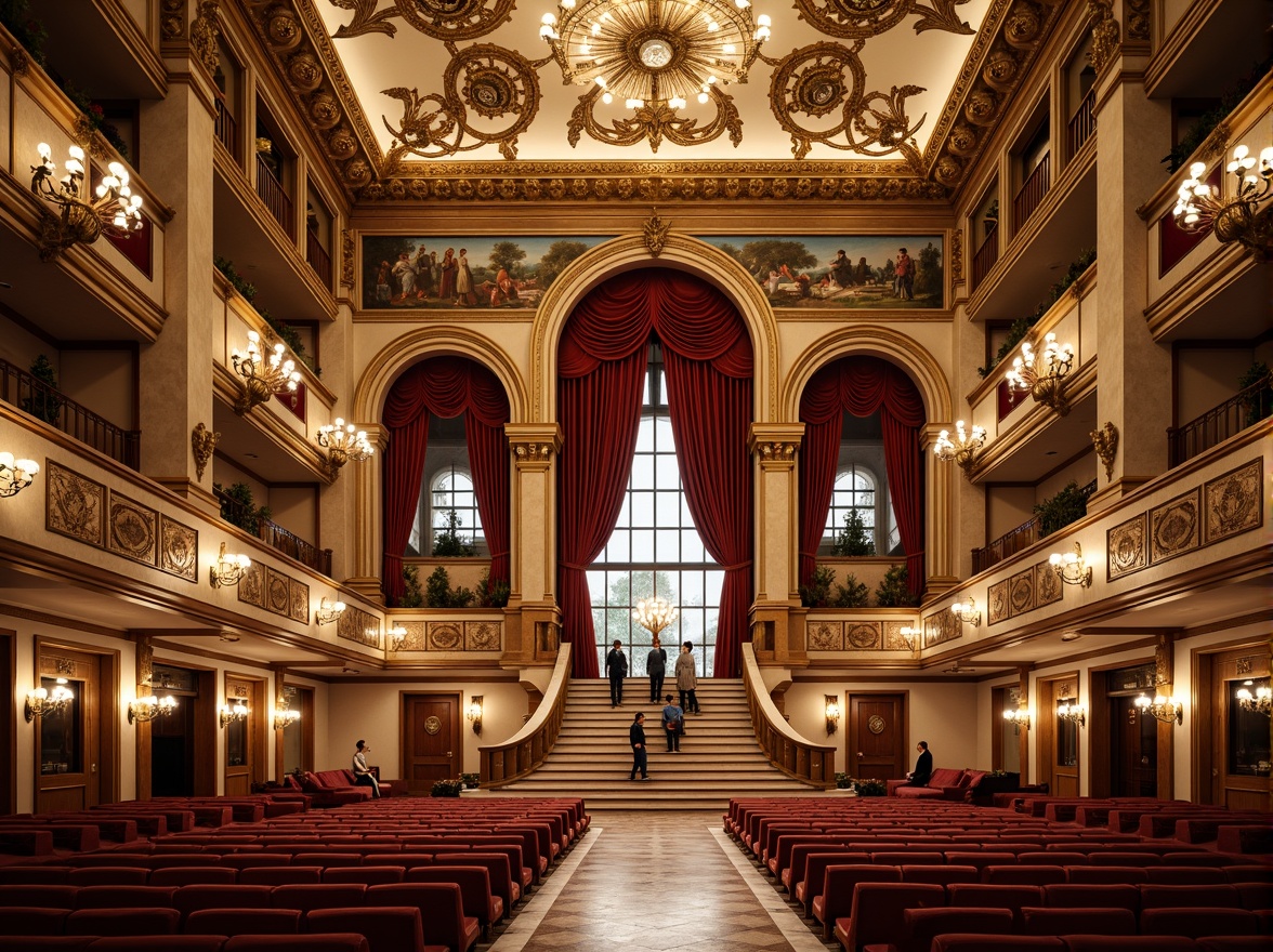 Prompt: Grandiose theater facade, ornate Renaissance details, majestic arched windows, intricately carved stone columns, gilded ornamental patterns, vibrant fresco murals, ornate balconies, luxurious velvet drapes, opulent chandeliers, grand staircase, marble floors, richly textured fabrics, warm golden lighting, soft focus photography, shallow depth of field, 2/3 composition, symmetrical architecture, highly detailed textures, ambient occlusion.