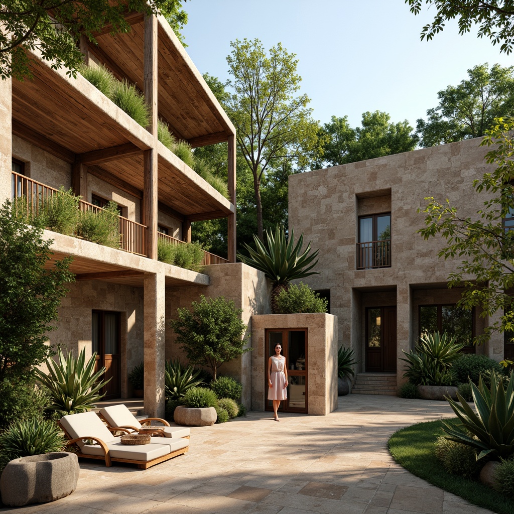 Prompt: Rustic hotel facade, natural stone walls, earthy tone color scheme, wooden accents, reclaimed wood flooring, lush green roofs, living walls, tropical plants, warm sunny day, soft diffused lighting, shallow depth of field, 1/2 composition, panoramic view, realistic textures, ambient occlusion, organic shapes, free-form structures, eco-friendly materials, sustainable design principles, minimal ornamentation, cozy intimate spaces.