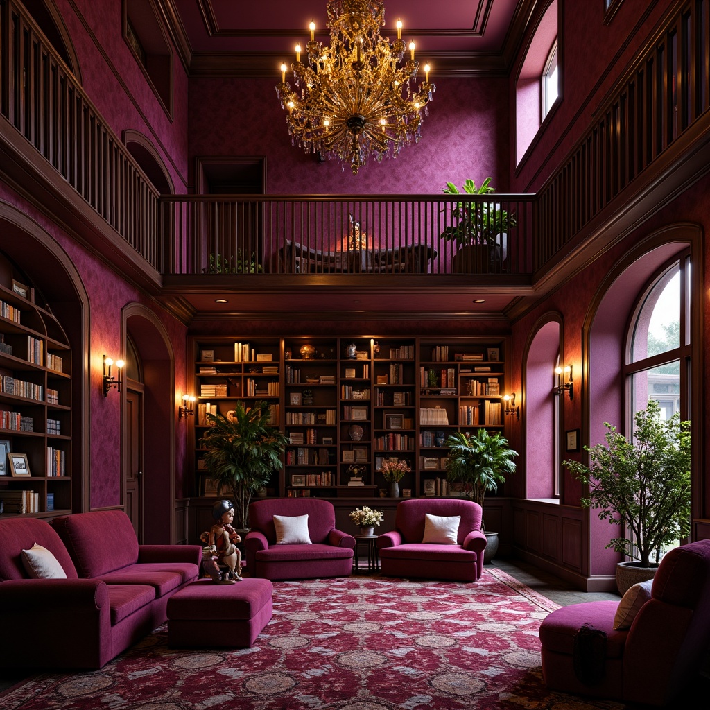 Prompt: Luxurious plum-hued mansion, ornate facades, rich velvety textures, grandiose entranceways, sweeping staircases, lavish chandeliers, warm golden lighting, cozy reading nooks, plush velvet furnishings, dark wood accents, metallic bronze details, soft misty atmosphere, shallow depth of field, 1/1 composition, intimate vignette, realistic reflections, subtle ambient occlusion.