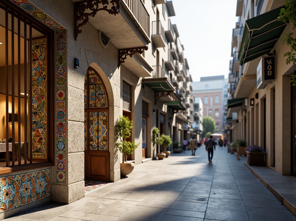 Prompt: Colorful mosaic walls, intricate stone patterns, ornate ceramic tiles, urban cityscape, bustling streets, historic buildings, traditional architectural elements, vibrant street art, geometric shapes, Byzantine-inspired designs, rich textures, warm natural light, shallow depth of field, 1/1 composition, panoramic view, realistic materials, ambient occlusion.