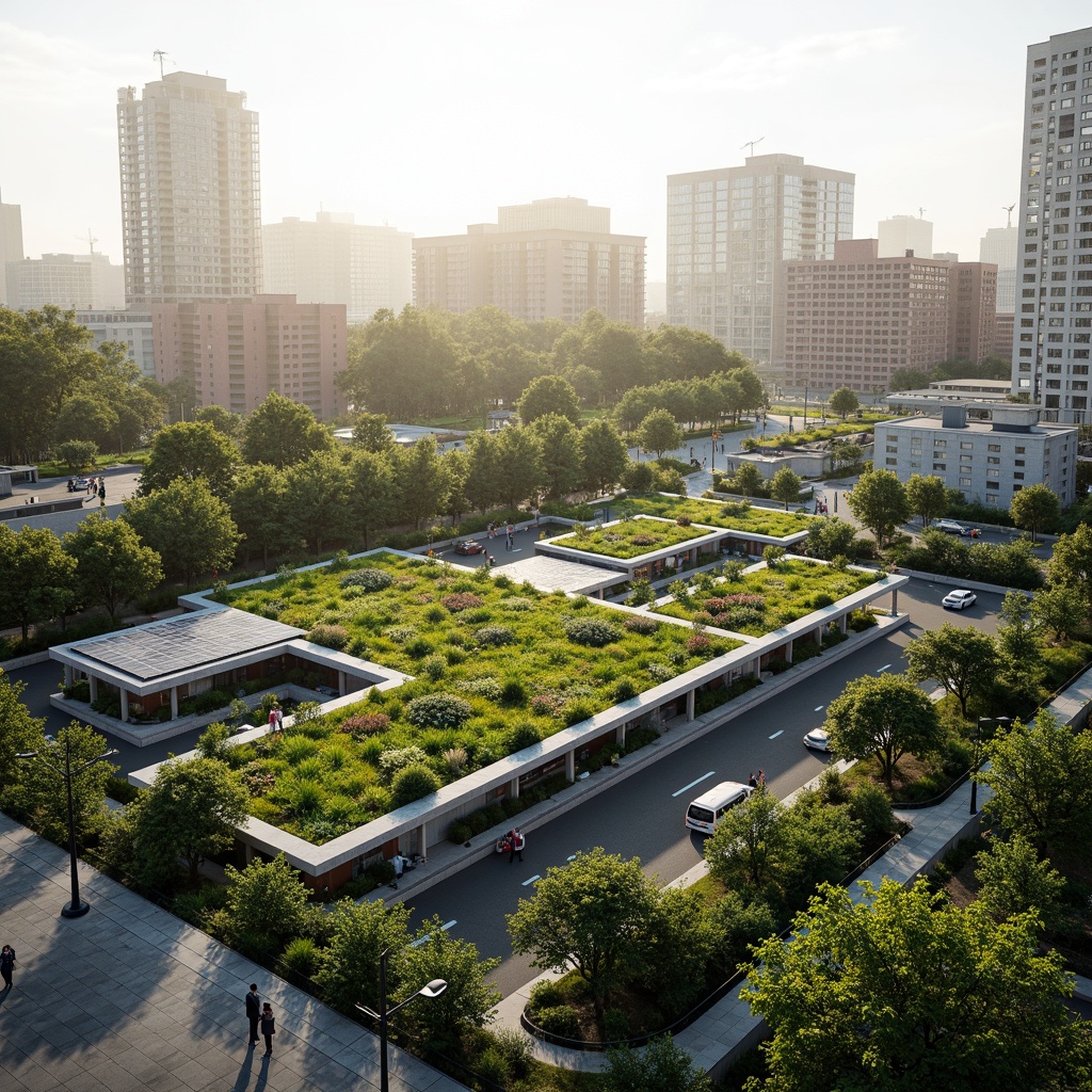 Prompt: Urban bus station, lush green roofs, native plant species, rainwater harvesting systems, solar panels, wind turbines, eco-friendly materials, modern sustainable architecture, angular lines, minimalist design, natural ventilation, abundant daylight, soft warm lighting, shallow depth of field, 3/4 composition, panoramic view, realistic textures, ambient occlusion.