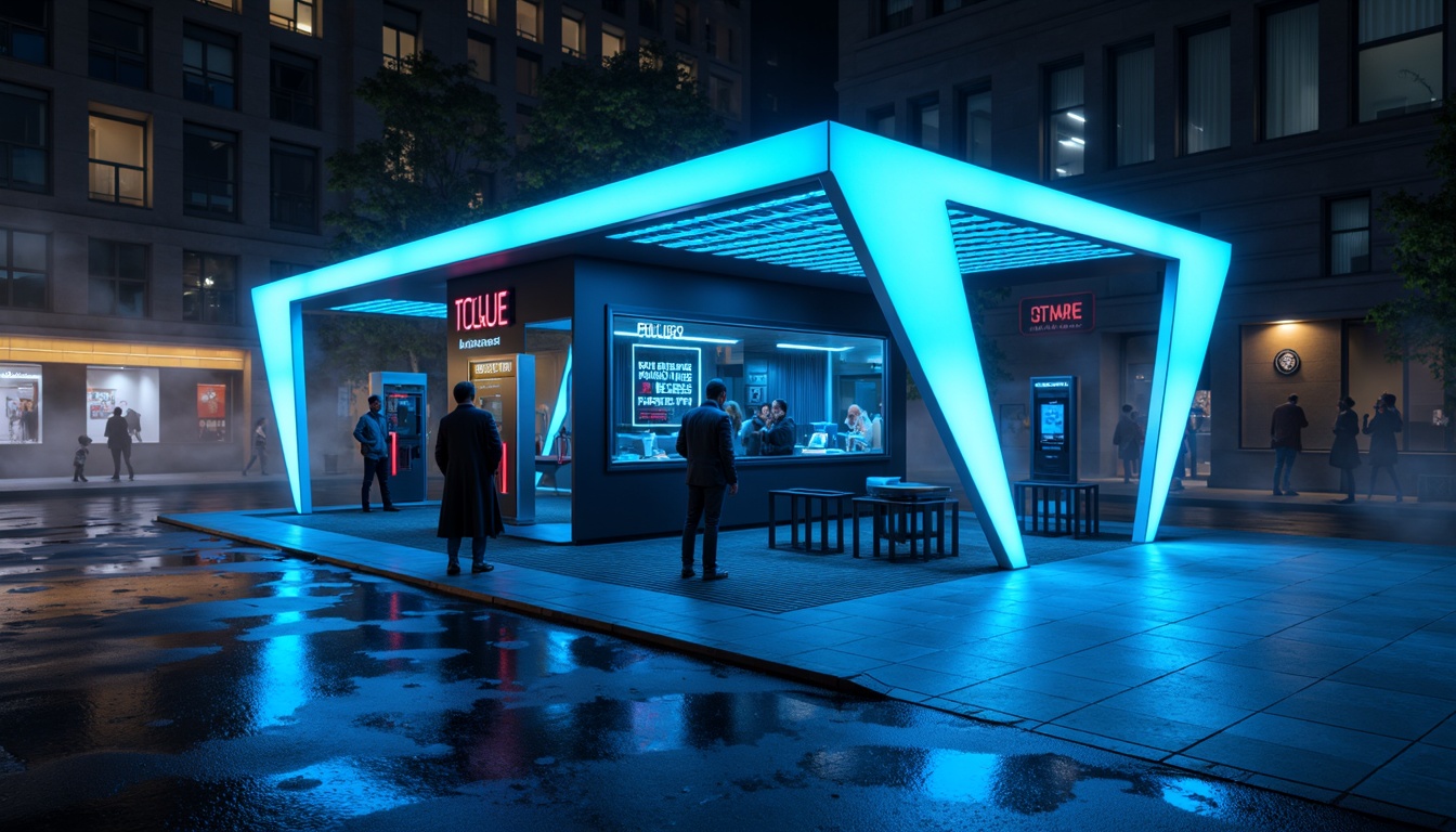 Prompt: Neon-lit futuristic charging station, metallic silver accents, glossy black surfaces, vibrant electric blue hues, LED strip lighting, sleek minimalist design, angular lines, modern typography, urban cityscape, nighttime atmosphere, misty fog effects, shallow depth of field, 3/4 composition, realistic reflections, ambient occlusion.