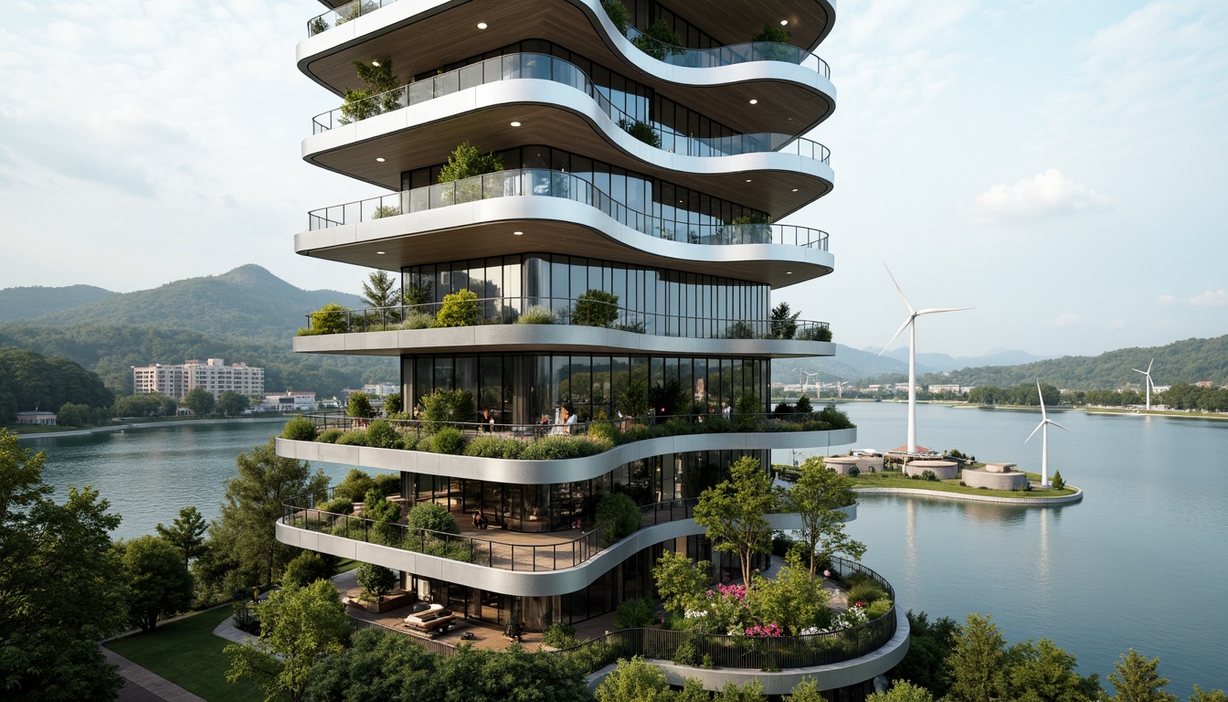 Prompt: Futuristic skyscraper, sleek metallic facade, curved glass windows, rooftop gardens, lush greenery, vibrant flowers, modern wind turbines, solar panels, cantilevered balconies, minimalist design, innovative cooling systems, misting outdoor spaces, seamless landscape integration, rolling hills, serene lakeside, wooden decks, ambient occlusion, shallow depth of field, 3/4 composition, panoramic view, realistic textures, soft warm lighting.