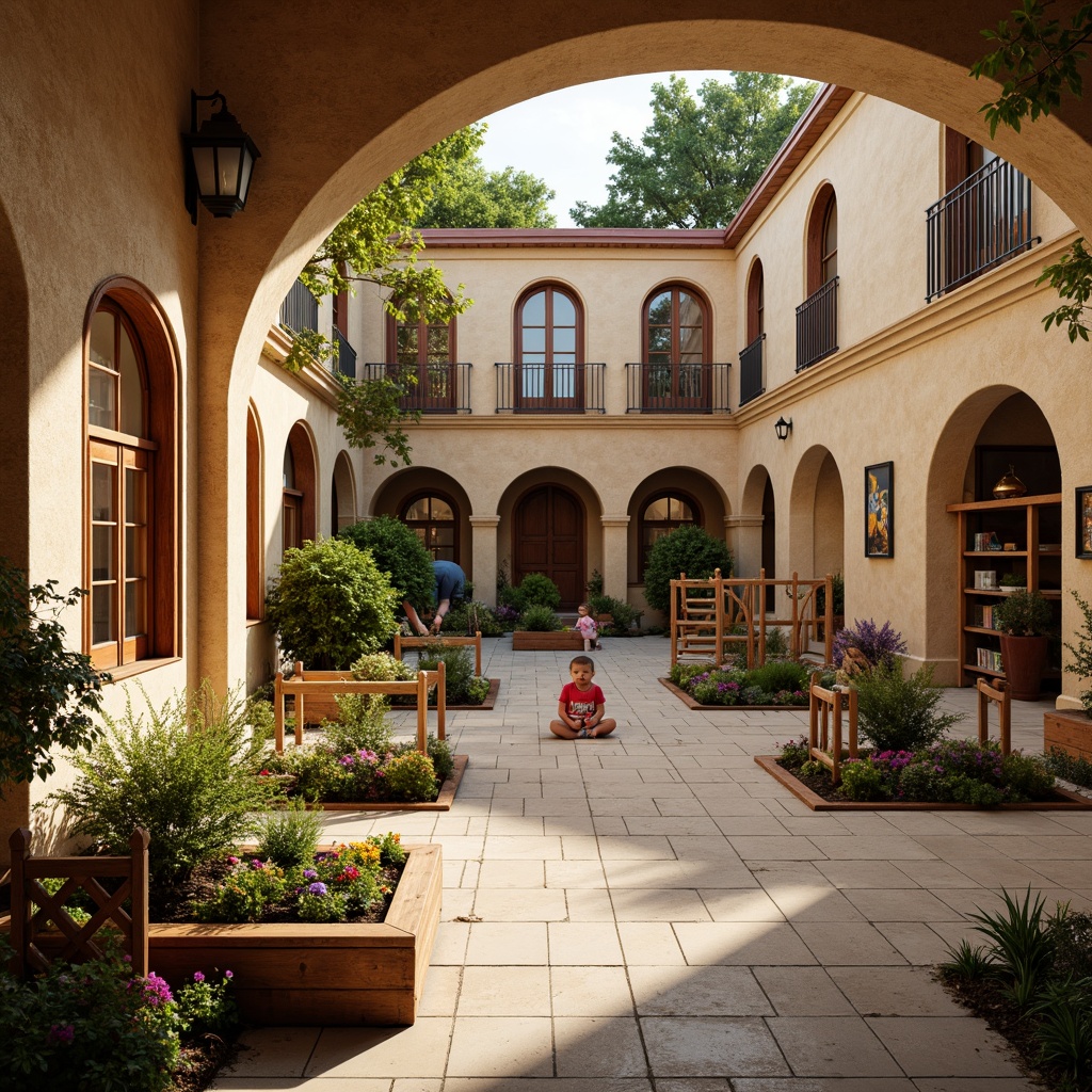 Prompt: Rustic kindergarten building, Romanesque arches, warm beige stonework, vibrant flower-filled planters, wooden playground equipment, medieval-inspired climbing frames, ornate metal railings, colorful ceramic tiles, cozy reading nooks, educational murals, natural wood accents, soft warm lighting, shallow depth of field, 3/4 composition, panoramic view, realistic textures, ambient occlusion.