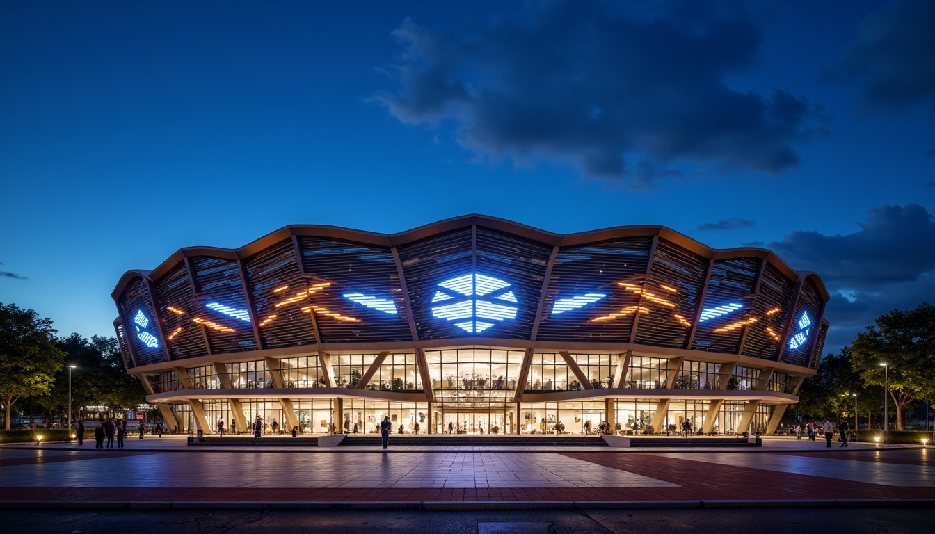 Prompt: Sleek stadium facade, streamline moderne style, curved lines, minimalist aesthetic, metallic materials, glass panels, LED lighting strips, dynamic shapes, futuristic architecture, cantilevered roofs, grand entrance gates, sweeping arches, angular columns, athletic track patterns, vibrant color schemes, nighttime illumination, shallow depth of field, 1/1 composition, symmetrical framing, realistic reflections, ambient occlusion.