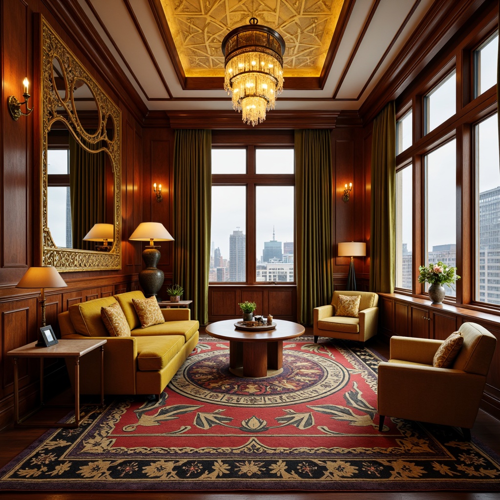 Prompt: Luxurious Art Deco apartment, opulent furnishings, ornate mirrors, lavish chandeliers, geometric patterned rugs, metallic accents, bold color schemes, rich wood paneling, sculptural furniture, curved lines, symmetrical composition, lavish textiles, vintage decor pieces, ornamental metalwork, grand scale, dramatic lighting, warm golden tones, high ceilings, large windows, cityscape views, 1/2 composition, soft focus, cinematic mood.