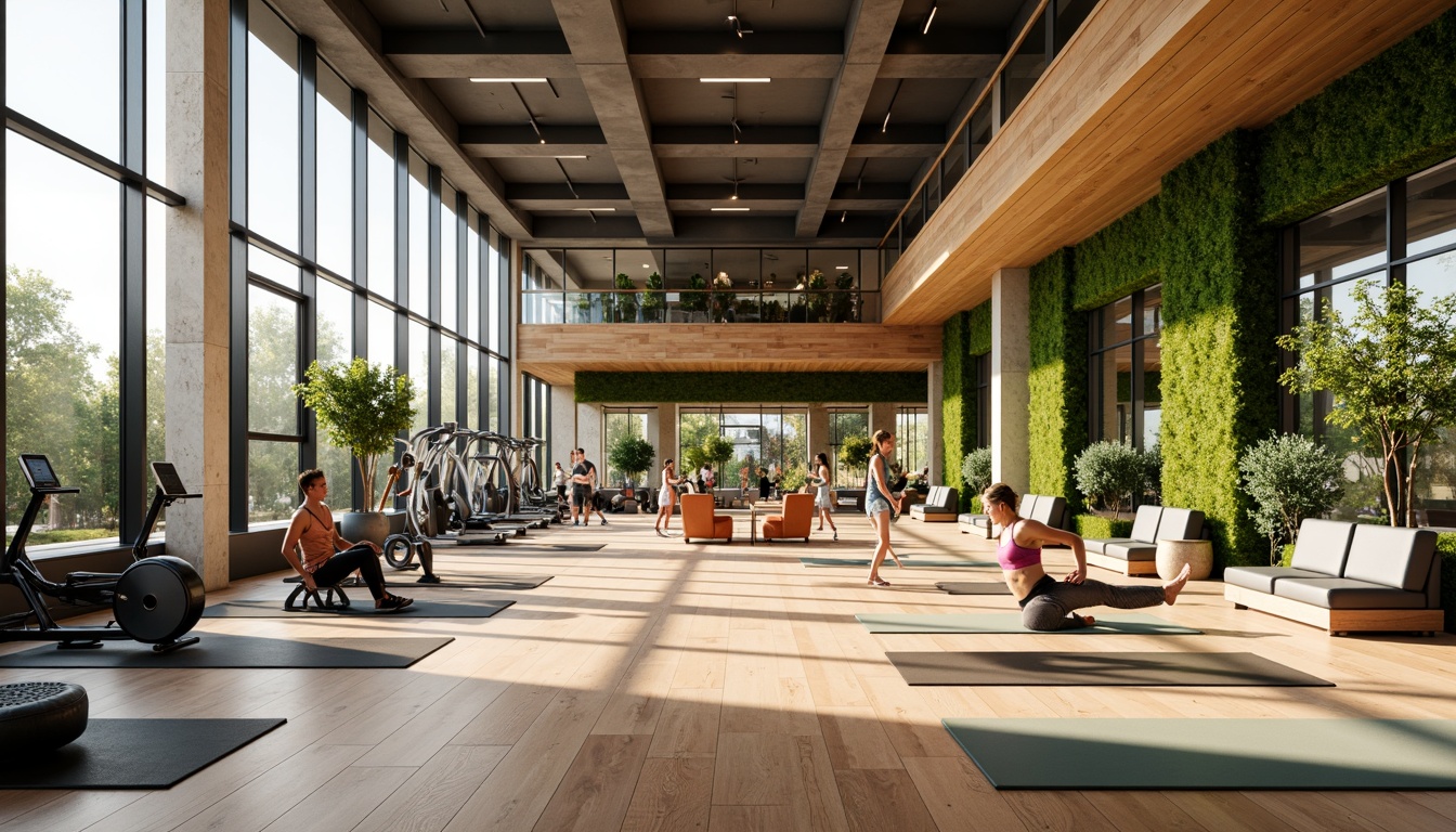 Prompt: Vibrant fitness club, spacious interior, high ceilings, floor-to-ceiling windows, natural light pouring in, warm wood accents, mirrored walls, state-of-the-art equipment, free weights, cardio machines, stretching areas, yoga mats, calm color scheme, earthy tones, organic textures, living green walls, refreshing atmosphere, morning sunlight, soft shadows, 1/1 composition, subtle lighting, realistic reflections, ambient occlusion.