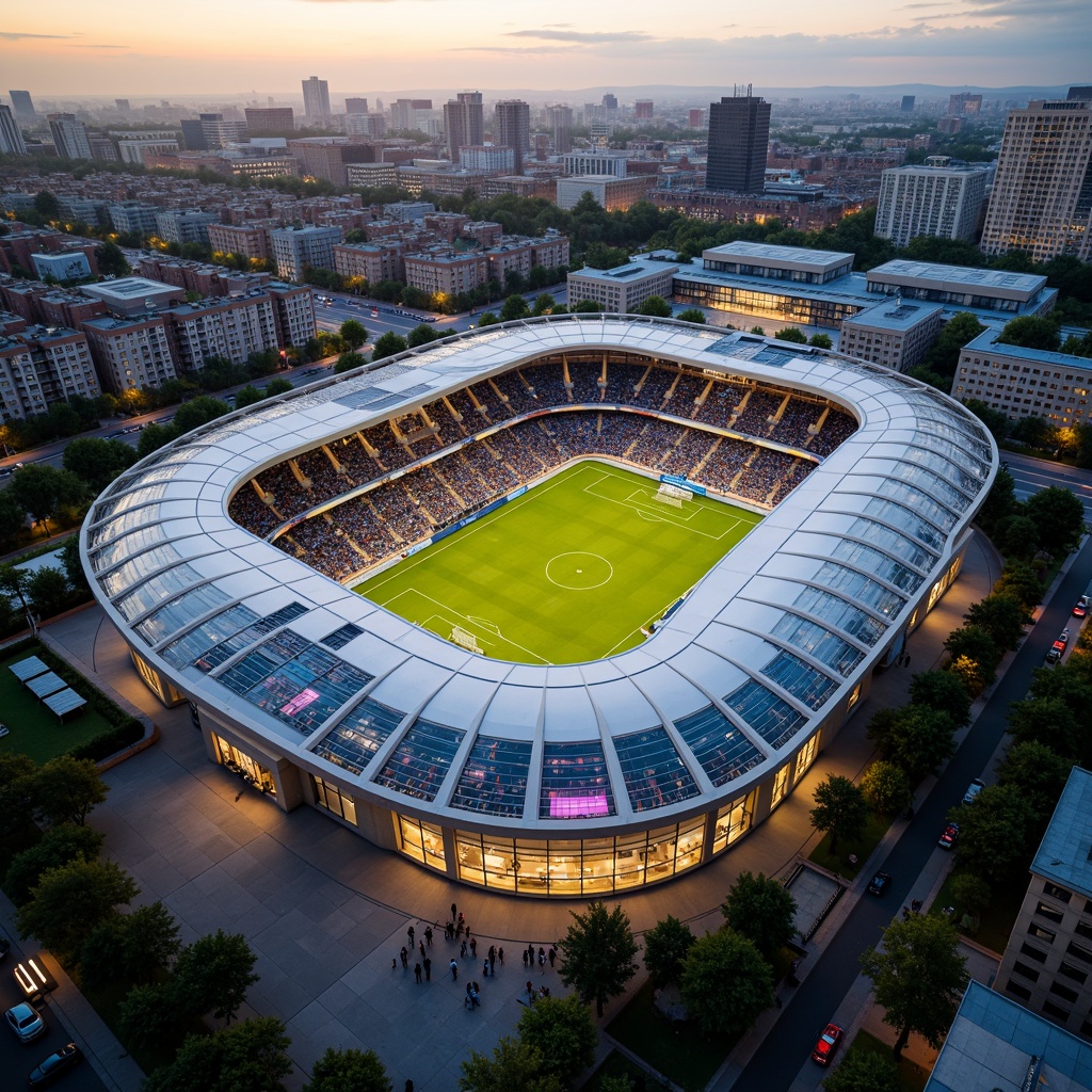 Prompt: Dynamic soccer stadium, curved lines, futuristic architecture, LED lighting systems, translucent roofing, cantilevered upper tiers, open-air concourses, green roofs, urban landscape, bustling city atmosphere, evening ambiance, warm golden lighting, shallow depth of field, 2/3 composition, wide-angle lens, high-contrast ratio, realistic textures, ambient occlusion.