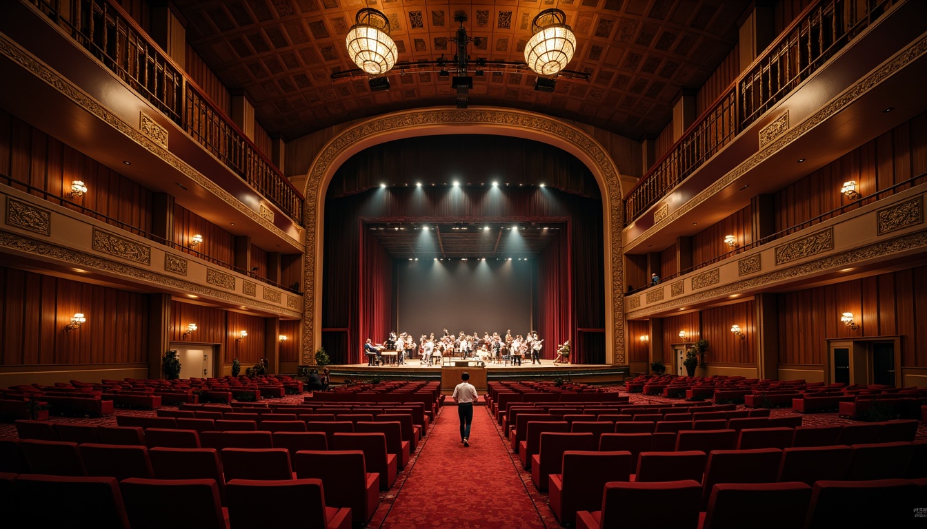 Prompt: Luxurious concert hall, velvety darkness, spotlit stage, wooden acoustic panels, sound-absorbing materials, curved lines, elegant balconies, plush red seats, golden ornate details, crystal chandeliers, rich wood flooring, ambient warm lighting, shallow depth of field, 2/3 composition, soft focus, realistic textures, subtle reflections.