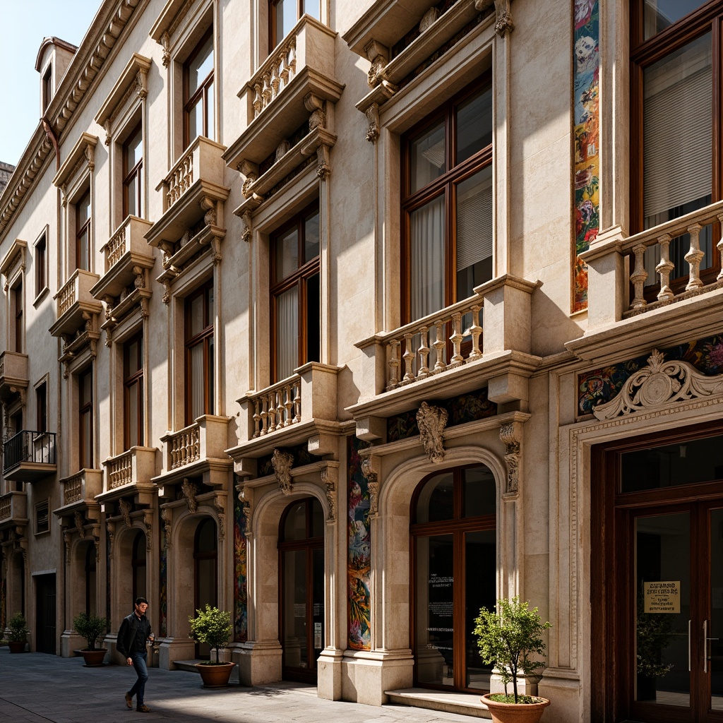 Prompt: Ornate Renaissance facade, intricately carved stone columns, grandiose archways, ornamental balconies, richly decorated cornices, symmetrical composition, rusticated quoins, classical pilasters, sculpted marble details, vibrant frescoes, warm golden lighting, shallow depth of field, 2/3 composition, atmospheric perspective, realistic textures, subtle ambient occlusion.