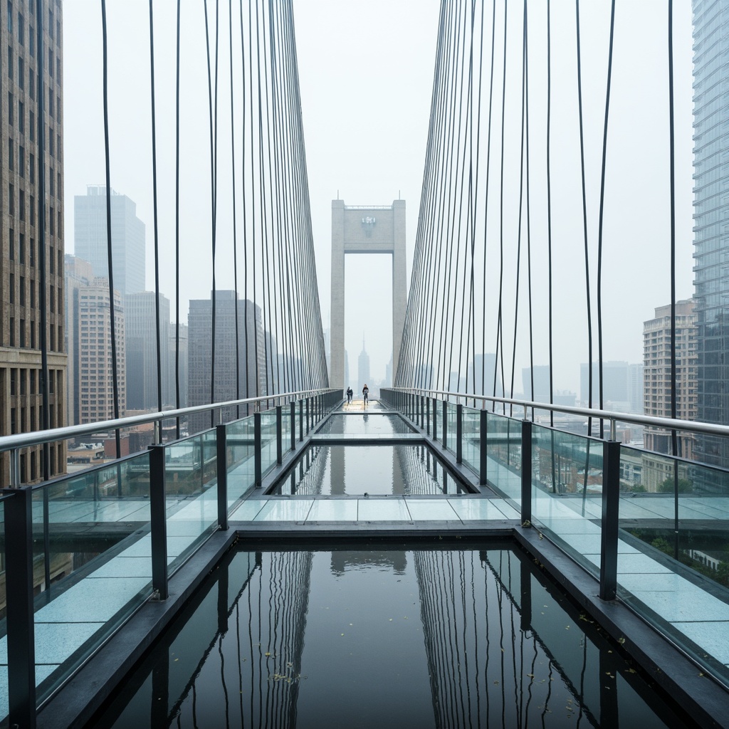 Prompt: Transparent bridge structure, sleek metal beams, glass floors, suspended walkways, minimalist design, modern architecture, urban cityscape, misty morning, soft natural light, shallow depth of field, 3/4 composition, panoramic view, realistic reflections, ambient occlusion, intricate cable systems, silver metallic coatings, futuristic vibe, sustainable materials, eco-friendly construction, innovative engineering solutions.