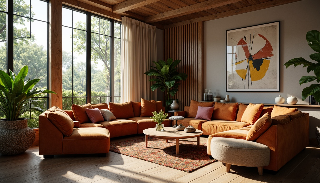 Prompt: Cozy living room, warm wooden floors, plush velvet sofas, abstract artwork, floor-to-ceiling windows, natural light pouring in, soft warm lighting, comfortable seating areas, ornate coffee tables, vibrant greenery, potted plants, modern minimalist decor, sleek metal accents, rustic wood textures, ambient occlusion, realistic reflections, shallow depth of field, 3/4 composition.