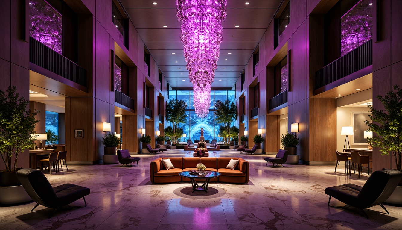 Prompt: Luxurious hotel lobby, high-tech ambiance, futuristic chandeliers, neon-lit bars, LED ceiling installations, ambient color-changing lights, minimalist metal fixtures, sleek glass tables, polished marble floors, luxurious velvet sofas, modern art pieces, abstract sculptures, dimmable floor lamps, warm cozy nooks, dramatic spotlights, 3/4 composition, shallow depth of field, realistic textures, softbox lighting.