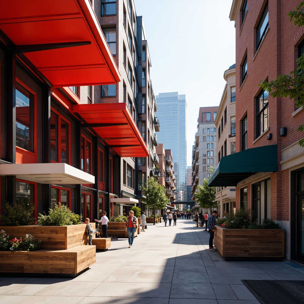 Prompt: Vibrant market scene, modernist architecture, bold color palette, bright red accents, deep blue tones, warm beige surfaces, sleek metal frames, glass canopies, industrial chic decor, exposed ductwork, polished concrete floors, reclaimed wood textures, urban cityscape, bustling streets, morning sunlight, shallow depth of field, 1/2 composition, realistic reflections, ambient occlusion.