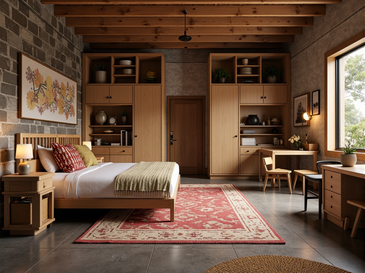 Prompt: Cozy dormitory interior, warm wooden furniture, soft plush carpets, rustic stone walls, industrial metal accents, minimalist concrete floors, natural woven textiles, vibrant colorful bedding, geometric patterned rugs, modern sleek desks, ergonomic chairs, ample storage cabinets, soft warm lighting, shallow depth of field, 1/1 composition, realistic renderings.