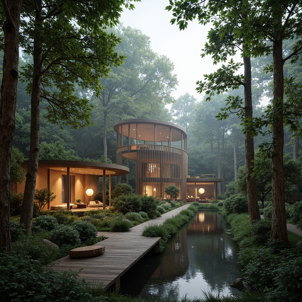 Prompt: Secluded forest, towering trees, lush foliage, natural stone paths, wooden bridges, serene lake, misty atmosphere, soft warm lighting, shallow depth of field, 3/4 composition, panoramic view, realistic textures, ambient occlusion, organic architecture, curved lines, earthy tones, reclaimed wood, living walls, green roofs, eco-friendly materials, innovative ventilation systems, minimalist decor, cozy seating areas, lantern-style lighting, natural fabrics, earth-inspired color palette.