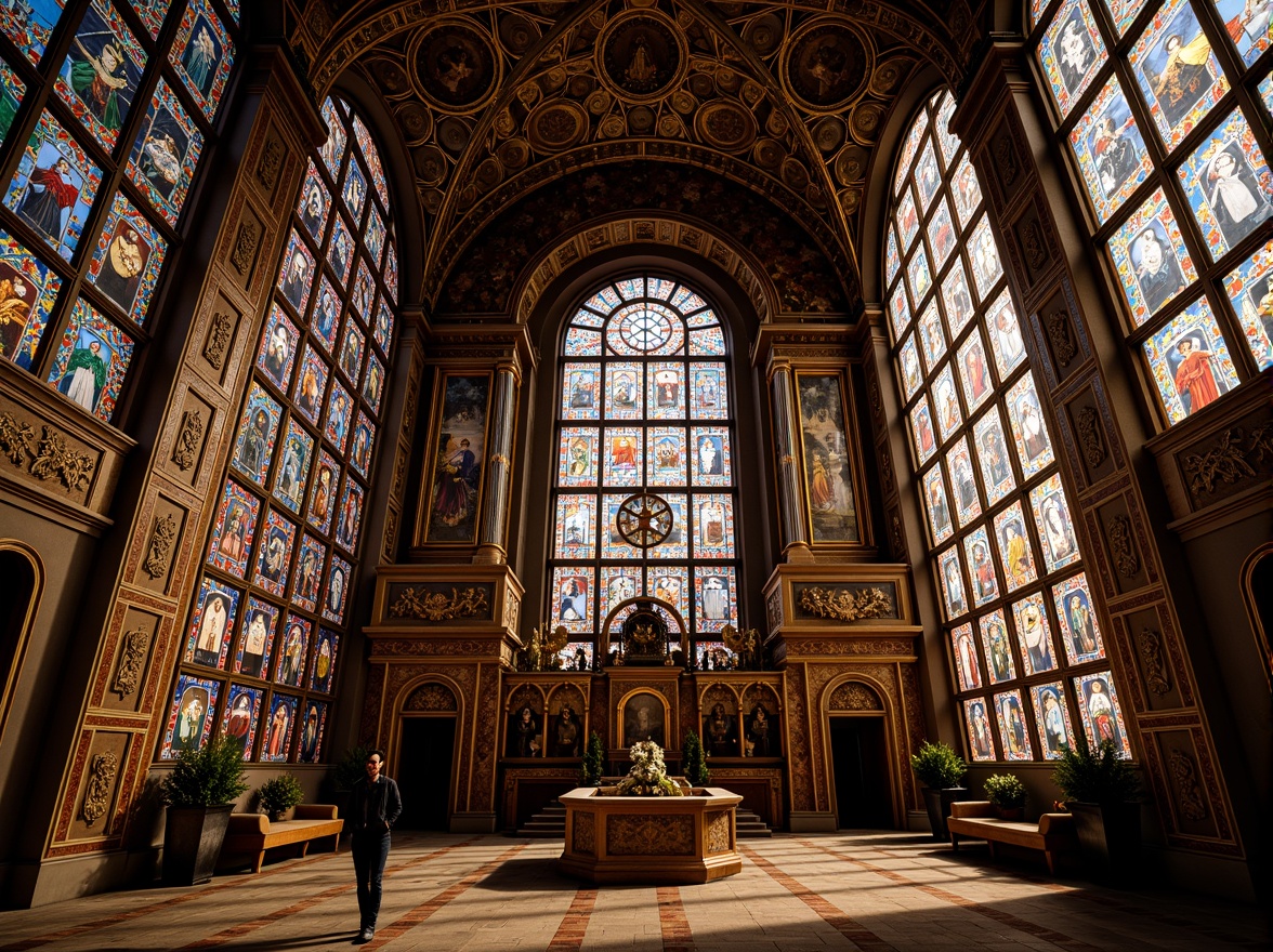 Prompt: Intricate stained glass windows, vibrant colors, ornate patterns, Byzantine architecture, grand cathedrals, majestic domes, golden mosaics, opulent decorations, lavish interiors, rich textiles, warm lighting, dramatic shadows, sacred ambiance, mystical atmosphere, spiritual symbolism, ornamental details, gilded frames, ancient craftsmanship, historic significance, Eastern Orthodox influences.